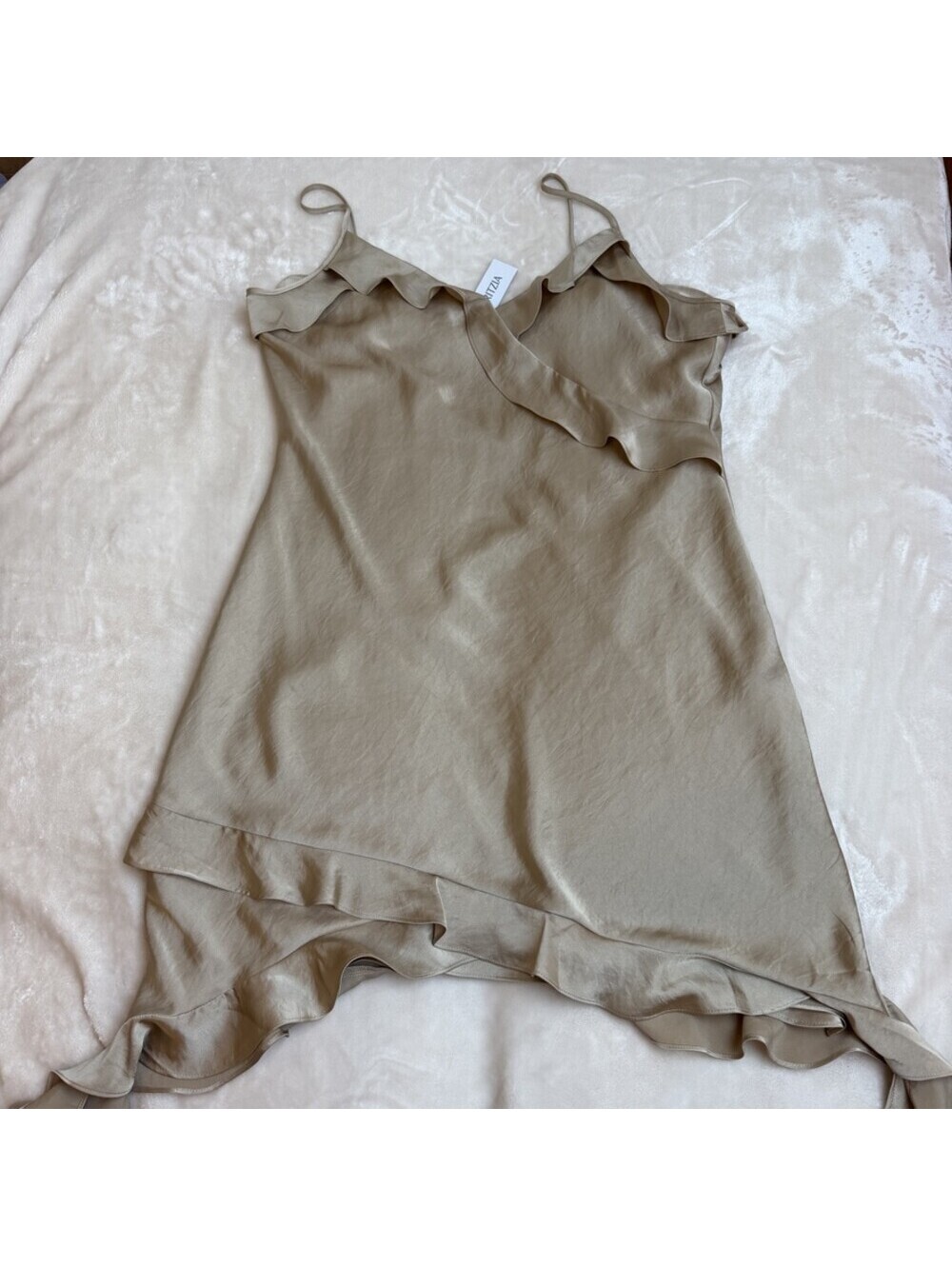 Wilfred Aritzia Humus Beige Satin Slip Dress with Ruffle Trim, Size L